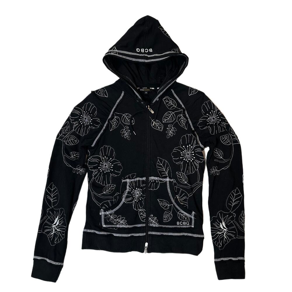 BCB Maxazria Black Zip-Up Hoodie with White Stitching Size Small